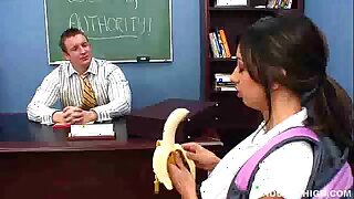 sexy brunette girl seduces her teacher off out of one's mind eating banana before procurement fucked